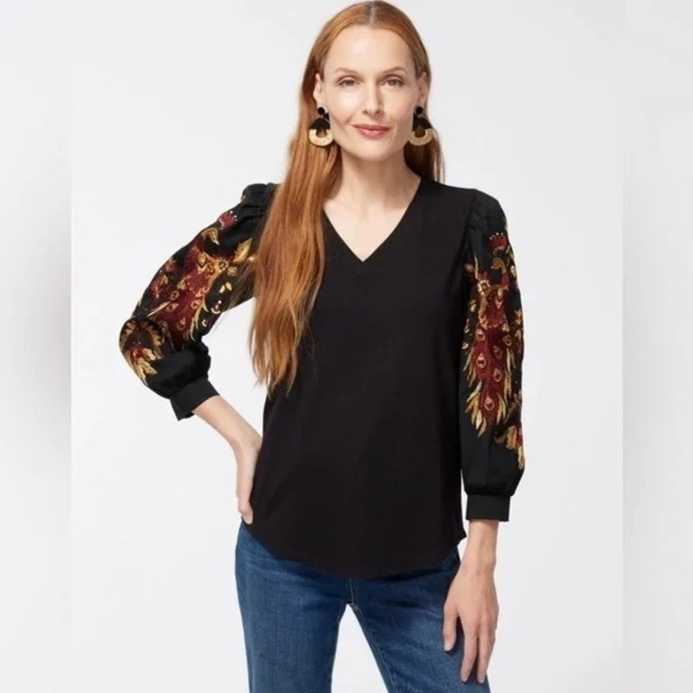 Chicos Embroidered Peacock Blouse Size 3 (XL) Black Balloon Sleeves Boho